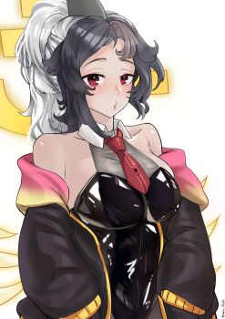 absurdres black_hair breasts coat coat_partially_removed dark-skinned_female dark_skin heiz_illust highres indie_virtual_youtuber large_breasts latex leotard multicolored_hair nand_nodes necktie parted_lips red_eyes shark_fin shark_girl virtual_youtuber white_hair