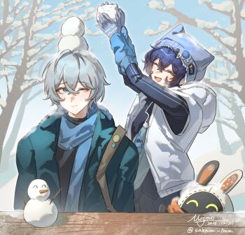 Rule 34 | 1boy, 1girl, ;), arms up, artist name, bangboo (zenless zone zero), belle (zenless zone zero), blue eyes, blue hair, blue scarf, blue sky, brother and sister, chinese commentary, closed eyes, commentary request, crossed bangs, day, gloves, grey gloves, grey hair, hair between eyes, happy, highres, hood, hooded jacket, jacket, long sleeves, moyaoyaoyaoyao r, one eye closed, scarf, short hair, siblings, sky, smile, snow on head, snowman, standing, watermark, white jacket, wise (zenless zone zero), zenless zone zero