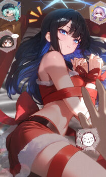 1girl absurdres aoi_(07aoi15) atsuko_(blue_archive) belt black_hair blue_archive blue_eyes blue_halo bound bound_wrists christmas commentary doodle_sensei_(blue_archive) fur-trimmed_skirt fur_trim halo highres hiyori_(blue_archive) long_hair looking_at_viewer lying misaki_(blue_archive) navel on_side pov red_ribbon red_skirt ribbon ribbon_around_body santa_costume saori_(blue_archive) sensei_(blue_archive) skirt stomach watermark