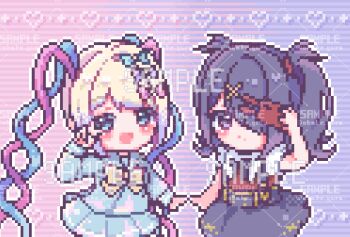 2girls ame-chan_(needy_girl_overdose) belt black_eyes black_hair blue_eyes blue_hair blue_serafuku bow chest_bow chouzetsusaikawa_tenshi-chan comiket_105 commentary_request cowboy_shot diagonal_bangs dual_persona hair_bow hair_ornament hair_over_one_eye hand_up highres holding holding_phone looking_at_viewer multiple_girls multiple_hair_bows needy_girl_overdose obake_yura phone pink_hair pixel_art quad_tails red_shirt school_uniform serafuku shirt short_twintails skirt suspender_skirt suspenders twintails v v_over_eye winged_sleeves x_hair_ornament