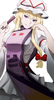 1girl absurdres blonde_hair commentary dress folded_fan folding_fan hair_bun hair_ribbon hand_fan hands_up hat highres holding holding_fan ichi_(ki_splt) long_sidelocks long_sleeves looking_at_viewer mob_cap nail_polish parted_lips purple_eyes purple_nails purple_tabard ribbon sidelocks smile solo tabard teeth touhou white_background white_dress yakumo_yukari