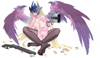1girl absurdres aiming anus beelstarmon beelstarmon_x-antibody black_mask black_thighhighs blonde_hair breasts bullet censored collared_shirt commentary derringer digimon digimon_(creature) eye_mask feathered_wings feet full_body gun hand_on_own_cheek hand_on_own_face handgun highres holding holding_bullet holding_gun holding_weapon holding_with_feet indian_style large_breasts long_hair looking_at_viewer mask mosaic_censoring navel nils nipples nude parted_lips purple_wings pussy red_eyes shirt sidelocks simple_background sitting smile soles solo stomach thighhighs third_eye weapon white_background winchester_model_1887 wings zettai_ryouiki