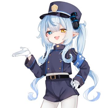 1girl :d absurdres akugaki_koa alt_text armband belt belt_buckle black_belt black_horns blue_archive blue_armband blue_eyes blue_hair blue_hat blue_jacket blue_shorts buckle chromashift commentary contrapposto cosplay cropped_jacket demon_horns diamond-shaped_pupils diamond_(shape) english_commentary fang gloves hand_on_own_hip hand_up hat heterochromia highleg_shorts highres horns jacket light_blush long_hair looking_at_viewer nean_black nozomi_(blue_archive) nozomi_(blue_archive)_(cosplay) open_mouth pantyhose peaked_cap pointy_ears second-party_source short_shorts shorts skin_fang smile smug symbol-shaped_pupils train_conductor turtleneck turtleneck_jacket twintails virtual_youtuber white_gloves white_pantyhose yellow_eyes