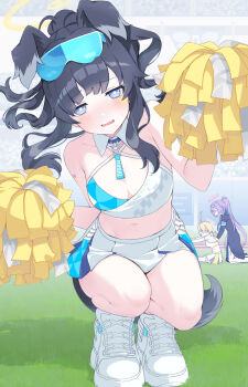 3girls animal_ears bare_arms bare_shoulders black_hair blue_archive blue_skirt blue_sports_bra blush breasts bright_pupils cheerleader criss-cross_halter detached_collar dog_ears dog_girl dog_tail embarrassed extra_ears eyewear_on_head full_body goggles goggles_on_head grey_eyes halo halterneck hibiki_(blue_archive) hibiki_(cheer_squad)_(blue_archive) highres holding holding_pom_poms kayoh0731 kotori_(blue_archive) kotori_(cheer_squad)_(blue_archive) long_hair long_sidelocks looking_at_viewer medium_breasts midriff millennium_cheerleader_outfit_(blue_archive) miniskirt multiple_girls navel official_alternate_costume pleated_skirt pom_pom_(cheerleading) pom_poms ponytail shoes sidelocks skirt sneakers solo_focus sports_bra squatting stadium star_(symbol) star_sticker sticker sticker_on_face tail two-tone_sports_bra utaha_(blue_archive) utaha_(cheer_squad)_(blue_archive) w_arms wavy_mouth white_pupils white_shoes white_skirt white_sports_bra yellow_halo