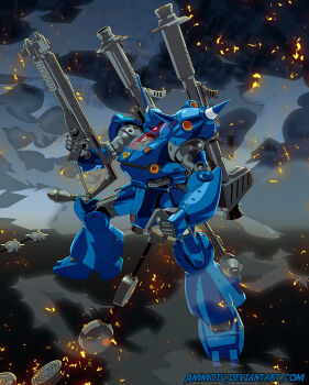 ammotu battle burning cable cannon chain_mine commentary deviantart_username english_commentary fake_screenshot fire gun gundam gundam_0080 kampfer_(mobile_suit) machinery mecha mecha_focus mobile_suit no_humans one-eyed photoshop_(medium) robot science_fiction shotgun signature smoke weapon zeon