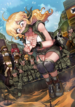 3girls 6+boys bandana bdsm black_panties blonde_hair bondage boots bound bound_ankles bound_arms bound_wrists breasts brown_eyes brown_hair captured clothing_cutout day defeat explosive fio_germi gagged green_vest highres hip_vent imminent_death kaneeru kasamoto_eri knee_pads looking_down metal_slug military_uniform mine_(weapon) multiple_boys multiple_girls nadia_cassel outdoors panties panty_peek peril prisoner_of_war_(metal_slug) rebel_soldier_(metal_slug) red_hair sand shorts snk underwear variant_set vest