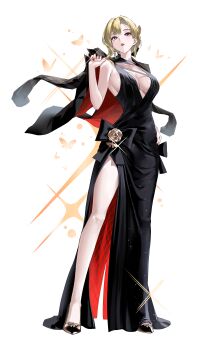 1girl absurdres alternate_costume black_dress black_jacket blonde_hair breasts commentary dress earrings evelyn_chevalier evening_gown full_body hair_up high_heels highres jacket jacket_on_shoulders jewelry large_breasts lips looking_at_viewer low_neckline purple_eyes red_nails side_slit single_earring solo t3ku transparent_background two-sided_dress two-sided_fabric zenless_zone_zero