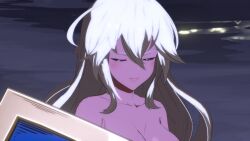 2b_(nier:automata) 2girls 3d animated breasts crossover dark-skinned_female dark_skin fighting granblue_fantasy granblue_fantasy_versus:_rising highres multiple_girls nier:automata nier_(series) nipples nude nude_filter nude_mod outdoors sound sword tagme third-party_edit video weapon white_hair zooey_(granblue_fantasy)