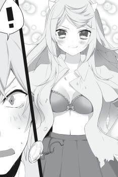 ! 1boy 1girl akatsuki_kojou blush bra breasts cleavage closed_mouth collared_shirt greyscale highres horns kasugaya_shizuri_castiella long_hair looking_at_viewer manyako_(mohumohu) medium_breasts monochrome navel non-web_source novel_illustration official_art open_clothes open_mouth open_shirt pleated_skirt shirt skirt smile split_screen spoken_exclamation_mark strike_the_blood torn_clothes torn_shirt underwear wing_collar