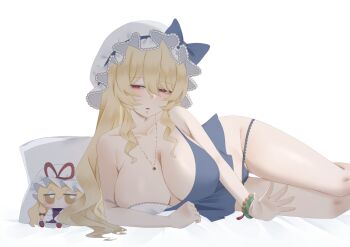 1girl absurdres alternate_breast_size_(larger) alternate_costume bikini blonde_hair blue_bikini blue_bow blush bow breasts cleavage collarbone commentary fumo_(doll) groin hat hat_bow highres huge_breasts jewelry long_hair looking_at_viewer lying necklace no_noru on_side open_mouth pillow red_eyes solo swimsuit touhou watatsuki_no_toyohime white_hat yakumo_yukari