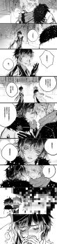 2boys 4koma absurdres blush censored comic crying genshin_impact greyscale headpat highres implied_fellatio junjunyongbuqi1 monochrome multiple_boys official_alternate_costume snow tartaglia_(genshin_impact) tears white_background winter winter_clothes yaoi zhongli_(genshin_impact)