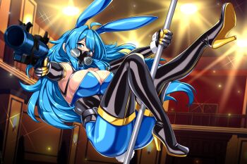1girl absurdres ahoge aiming aiming_at_viewer animal_ears black_boots black_gloves blu_pyro_(tf2) blue_eyes blue_hair blue_leotard bodysuit boots breasts cleavage commentary commission elbow_gloves english_commentary fake_animal_ears fake_tail flare_gun full_body gas_mask genderswap genderswap_(otf) gloves gun high_heel_boots high_heels highres holding holding_gun holding_weapon indoors large_breasts leotard lindaroze mask mouth_mask playboy_bunny pole pole_dancing pyro_(tf2) rabbit_ears rabbit_tail red_bodysuit red_eyes respirator second-party_source shiny_clothes solo stripper_pole tail team_fortress_2 thigh_boots weapon wrist_cuffs