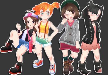4girls ;d ankle_boots aqua_eyes aqua_shorts arms_behind_head asymmetrical_bangs asymmetrical_hair bag banchouforte baseball_cap belt black_choker black_hair black_jacket black_vest blue_eyes blue_shorts blush bob_cut boots breasts brown_eyes brown_hair buttons cable_knit cardigan choker clenched_hand closed_mouth collared_dress cosplay crop_top cutoffs denim denim_shorts dress embarrassed exposed_pocket eyelashes frown gloria_(pokemon) green_eyes green_shorts green_socks grey_cardigan hand_on_own_hip hand_up handbag hands_on_own_hips hat high_ponytail highres hilda_(pokemon) hood hooded_cardigan jacket knee_up knees lace-up_boots landscape long_hair long_sleeves looking_at_viewer marnie_(pokemon) medium_hair midriff misty_(pokemon) multiple_girls navel nintendo one_eye_closed open_clothes open_jacket open_mouth open_vest orange_hair pink_bag pink_dress pokemon pokemon_(anime) pokemon_(classic_anime) pokemon_black_and_white pokemon_sword_and_shield ponytail ribbon shiny_skin shirt shoes short_hair short_shorts shorts side_ponytail sidelocks sitting sleeveless sleeveless_shirt small_breasts smile sneakers socks standing suspender_shorts suspenders swept_bangs tam_o'_shanter tank_top teeth tongue tongue_out v vest w white_shirt wink wristband yellow_shirt