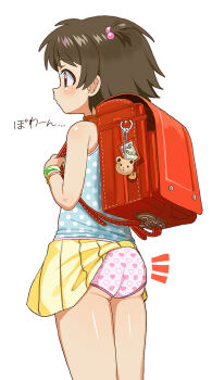 1girl armband ass backpack bag bare_shoulders blue_camisole blush brown_hair camisole charm_(object) cowboy_shot from_behind funifuchan green_armband hair_bobbles hair_ornament heart heart_print_panties heart_print heisei_retro highres loli looking_ahead original panties pink_armband pink_panties polka_dot_camisole print_panties randoseru short_hair simple_background single_sidelock skirt solo thighs translation_request tsubame-chan_(funifuchan) underwear white_background yellow_skirt