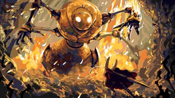 1girl absurdres arthropod_girl black_skin boss_fight cloak colored_skin empty_eyes fourth_chorus_(hollow_knight) from_behind giant glowing glowing_eyes hby_stuff highres holding holding_weapon hollow_knight hollow_knight:_silksong horned_mask hornet_(hollow_knight) horns looking_at_another mask mecha needle_(hollow_knight) no_humans no_mouth red_cloak robot standing weapon white_mask