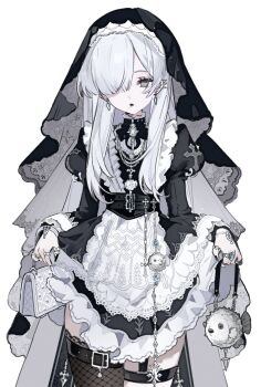 Rule 34 | 1girl, anomalycollon, black veil, clothes lift, commentary, dress, earrings, english commentary, fish, fishnet pantyhose, fishnets, hair over one eye, highres, jewelry, long hair, nun, original, pantyhose, puffer fish, simple background, skirt, skirt lift, solo, veil, white background, white dress, white hair