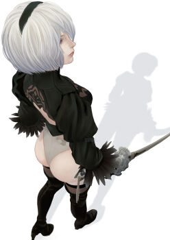 1girl 2b_(nier:automata) ass back_cutout black_boots black_gloves black_hairband black_thighhighs blue_eyes boots breasts closed_mouth clothing_cutout feather_trim from_above full_body gloves grey_hair hair_over_one_eye hairband heattech_leotard high_heel_boots high_heels highres holding holding_sword holding_weapon juliet_sleeves leotard long_sleeves medium_breasts mitsuki_nite nier:automata nier_(series) puffy_sleeves shadow short_hair solo sword thigh_boots thighhighs turtleneck weapon white_background white_leotard