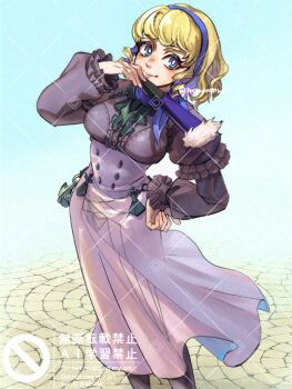Rule 34 | 1girl, blonde hair, breasts, closed mouth, commentary request, constance von nuvelle, dress, drill hair, drill sidelocks, fire emblem, fire emblem: three houses, garreg mach monastery uniform, hairband, hand fan, holding, holding fan, looking at viewer, medium breasts, momongame 17, multicolored hair, nintendo, purple hair, scarf choker, sidelocks, solo, two-tone hair