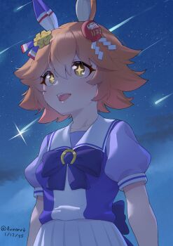 +_+ 1girl absurdres animal_ears blue_sky blush bow bowtie clover_hair_ornament commentary daruma_doll daruma_doll_hair_ornament ear_covers english_commentary hair_between_eyes hair_ornament highres horse_ears horse_girl matikanefukukitaru_(umamusume) night night_sky open_mouth orange_hair outdoors puffy_short_sleeves puffy_sleeves purple_bow purple_bowtie purple_shirt ruinone sailor_collar sailor_shirt school_uniform shirt shooting_star short_hair short_sleeves single_ear_cover skirt sky smile solo star_(sky) tracen_school_uniform umamusume white_sailor_collar white_skirt