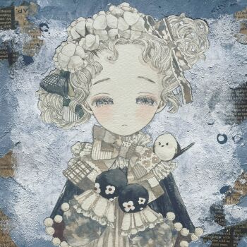 1girl acrylic_paint_(medium) bird blush bow closed_mouth collared_shirt commentary_request curly_hair dress expressionless frills hair_bow hair_ribbon highres karintoun original painting_(medium) pale_skin ribbon shirt short_hair straight-on traditional_media upper_body watercolor_(medium)