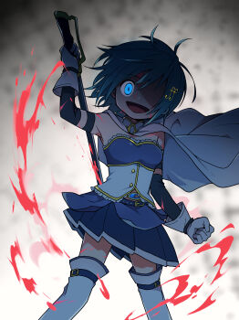 1girl blood blood_splatter blue_eyes blue_hair boots cape crazy_smile gloves highres holding holding_sword holding_weapon ikuchi_osutega mahou_shoujo_madoka_magica miki_sayaka miki_sayaka_(magical_girl) miniskirt one_eye_in_shadow open_mouth pleated_skirt short_hair skirt smile solo sword thigh_boots weapon white_gloves