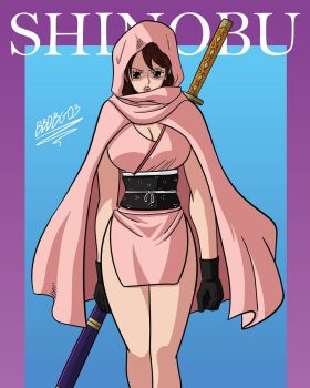 1girl breasts brown_eyes brown_hair cape female_focus highres japanese_clothes katana kimono ninja large_breasts one_piece shinobu_(one_piece) solo sword thick_thighs thighs weapon yukata