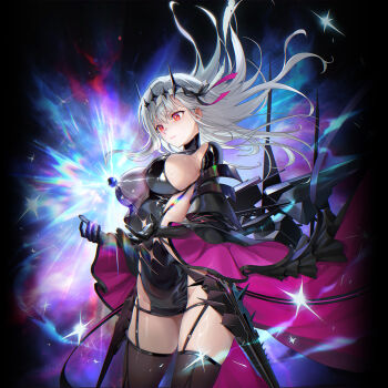 1girl bandaged_head bandages black_crown black_gloves black_tiara commentary_request crown gloves glowing glowing_eyes goddess_of_victory:_nikke grey_hair highres maya_(m4yatic) modernia_(nikke) modernia_(second_affection)_(nikke) official_alternate_costume official_art red_eyes see-through_cleavage see-through_clothes solo tiara