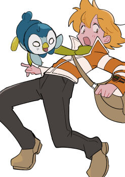 1boy absurdres bag barry_(pokemon) beak bird blank_eyes blonde_hair brown_bag brown_eyes collared_jacket commentary_request constricted_pupils crossbody_bag gen_4_pokemon green_scarf hat highres jacket long_sleeves male_focus multicolored_jacket nintendo o_o oekipypy open_mouth orange_jacket pants penguin piplup pokemon pokemon_(creature) pokemon_dppt poketch popped_collar scarf shoulder_strap spiked_hair striped_clothes striped_jacket surprised sweat two-tone_jacket watch white_background white_eyes white_hat white_jacket wide-eyed wristwatch