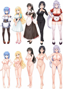 5girls absurdres anette_(paizuri_fiancee) black_hair blonde_hair blue_eyes blue_hair blush breasts chart closed_mouth embarrassed game_cg green_eyes hair_between_eyes hands_on_own_chest happy height_chart height_difference highres huge_breasts inverted_nipples irene_(paizuri_fiancee) large_breasts legs lineup lizabell_worth long_hair looking_at_viewer loretta_magnamia lying maid maid_headdress marianelli mole mole_under_eye multiple_girls nipples nude original paizuri_fiancee purple_eyes purple_hair red_eyes short_hair short_hair_with_long_locks smile standing thigh_gap thighs uni8