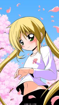 1girl blonde_hair blush cherry_blossoms collarbone day flat_chest green_eyes hata_kenjirou hayate_no_gotoku! highres long_hair looking_at_viewer navel official_art outdoors petals sanzen&#039;in_nagi shirt skirt sky solo standing stomach twintails very_long_hair wind wind_lift