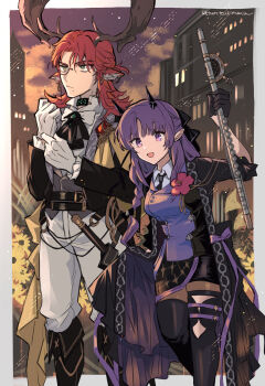 1boy 1girl :/ adjusting_clothes adjusting_gloves antlers arknights arm_up ascot asymmetrical_legwear belt black_ascot black_belt black_boots black_gloves black_horns black_jacket black_necktie black_thighhighs boots border braid building collared_shirt commentary_request czerny_(arknights) evening feet_out_of_frame flower flute gloves green_eyes grey_vest hair_over_shoulder hibiscus_(arknights) hibiscus_the_purifier_(arknights) highres holding holding_flute holding_instrument horns instrument jacket knee_boots long_hair long_sleeves looking_ahead looking_at_viewer mismatched_legwear mole mole_under_mouth monocle necktie noshima open_mouth outdoors outside_border pants pointy_ears purple_eyes purple_hair purple_shirt red_hair shirt sketch_background smile sunflower thighhighs twilight vest walking white_gloves white_pants white_shirt