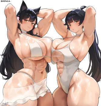 2girls abs animal_ears armpits atago_(azur_lane) azur_lane bare_shoulders biceps bikini black_hair blush breasts cleavage commission cromwellb dog_ears extra_ears hair_flaps highleg highleg_one-piece_swimsuit highres large_breasts long_hair looking_at_viewer multiple_girls muscular muscular_female navel one-piece_swimsuit pixiv_commission ponytail smile sweat swimsuit takao_(azur_lane) thick_thighs thighs white_bikini white_one-piece_swimsuit yellow_eyes