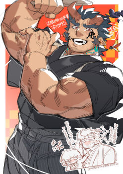 Rule 34 | 1boy, absurdres, bara, black kimono, blue hair, blush, broken horn, commentary request, demon boy, demon horns, facepaint, facial hair, fangs, fiery horns, forked eyebrows, grey hakama, hagoita, hakama, hane (hanetsuki), hanetsuki, highres, holding, holding paddle, horns, japanese clothes, kimono, long sideburns, looking at viewer, male focus, mature male, muscular, muscular male, new year, official alternate costume, open mouth, paddle, pontaro, protagonist 2 (housamo), red eyes, short hair, sideburns, sleeves rolled up, smile, solo, stubble, takemaru (housamo), thick arms, thick eyebrows, tokyo houkago summoners, translation request, v-shaped eyebrows, veins, veiny arms, vertical-striped hakama