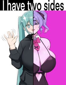 1girl animal_ears black_hoodie black_leotard blue_eyes blue_hair bow breasts detached_collar dotthebot fake_animal_ears hair_ornament hatsune_miku highres hood hoodie i_have_two_sides_(meme) leotard looking_at_viewer meme pantyhose playboy_bunny rabbit_ears rabbit_hole_(vocaloid) solo split_image twintails vocaloid x_hair_ornament