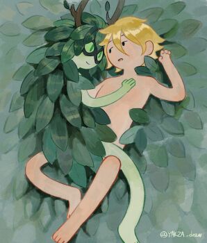 1boy 1girl absurdly_long_hair adventure_time blonde_hair colored_sclera colored_skin completely_nude couple eye_mask finn_the_human green_eyes green_sclera green_skin hair_branch hair_censor hand_on_another&#039;s_chest highres huntress_wizard long_hair looking_at_another mask nude open_mouth plant_hair very_long_hair yakza_draw