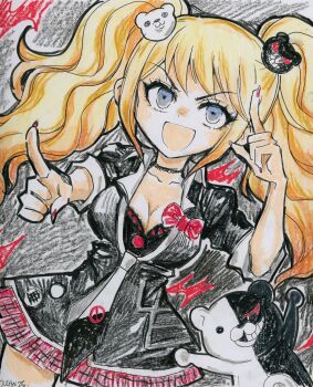 Rule 34 | 1girl, bear, bear hair ornament, blonde hair, blue eyes, bra, breasts, choker, commission, danganronpa: trigger happy havoc, danganronpa (series), enoshima junko, hair ornament, highres, monokuma, necktie, oceaninspace, pointing, pointing at viewer, stuffed animal, stuffed toy, teddy bear, traditional media, twintails, underwear