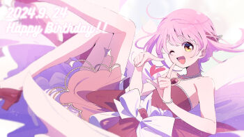 1girl alternate_costume back_bow bare_arms bare_legs bare_shoulders bead_bracelet bead_necklace beads bow bracelet chest_jewel commentary_request dated dot_nose dress english_text eyelashes fingernails floating floating_clothes flower foot_out_of_frame formal_clothes frilled_dress frills gem gown hair_flower hair_ornament happy happy_birthday heart high_heels hinamori_amu jewelry large_bow leaf light_blush light_particles long_dress looking_at_viewer necklace one_eye_closed open_mouth pink_flower pink_hair pink_rose pumps red_dress red_gemstone red_shoes rose serizawa_serizane shoes shugo_chara! smile solo strapless strapless_dress tareme waist_bow white_background white_bow yellow_eyes