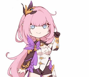 1girl animated animated_gif black_gloves black_shorts black_shrug blinking blue_eyes breasts cleavage cloud_ya commentary_request corset elf elysia_(honkai_impact) elysia_(miss_pink_elf)_(honkai_impact) gloves hair_ornament honkai_(series) honkai_impact_3rd large_breasts long_hair looking_at_viewer pink_hair pointy_ears rock_paper_scissors second-party_source shorts shrug_(clothing) simple_background single_glove solo very_long_hair white_background white_corset