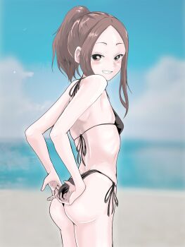 1girl absurdres adjusting_clothes adjusting_swimsuit ass beach bikini black_bikini blue_sky blurry blurry_background breasts brown_eyes brown_hair clenched_teeth cloud commentary_request day grin hatomugi_(user_datj4345) highres karakai_jouzu_no_(moto)_takagi-san karakai_jouzu_no_takagi-san looking_at_viewer ocean outdoors revision short_hair side-tie_bikini_bottom sidelocks sky small_breasts smile solo swimsuit takagi-san teeth