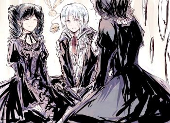 1boy 2girls abstract_background allen_walker black_coat black_dress black_hair black_order_uniform black_pants clock closed_eyes coat creature cross d.gray-man dress drill_hair earrings emblem facial_mark facing_another frilled_dress frills golem_(d.gray-man) grey_eyes hair_between_eyes hood hood_down hooded_coat horns jewelry juliet_sleeves lenalee_lee long_hair long_sleeves looking_at_another mature_female miranda_lotto multiple_girls neckerchief pants parted_lips puffy_sleeves red_neckerchief scar scar_across_eye scar_on_face short_hair sidelocks sitting smile sodamachi striped_coat stud_earrings tail timcanpy twin_drills twintails vertical-striped_coat white_hair wings