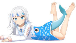 Rule 34 | 1girl, barefoot, blue eyes, blue hair, children&#039;s day, feet, feet up, fins, fish tail, gawr gura, gawr gura (school uniform), highres, hololive, hololive english, looking at viewer, lying, medium hair, multicolored hair, official alternate costume, on stomach, shark girl, shark tail, side ponytail, simple background, soles, streaked hair, tail, tamagotozi3420, the pose, toes, two-tone hair, virtual youtuber, white background, white hair
