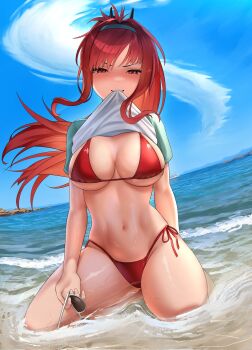 Rule 34 | 1girl, aqua hairband, beach, bikini, blue sky, breasts, clothes in mouth, clothes lift, cloud, day, floating hair, goddess of victory: nikke, grin, hairband, high ponytail, highres, holding, holding removed eyewear, kneeling, large breasts, long hair, mouth hold, navel, ocean, official alternate costume, outdoors, ponytail, rapi (nikke), rapi (red hood) (red flavor) (nikke), red bikini, red eyes, red hair, shirt, shirt in mouth, shirt lift, side-tie bikini bottom, sky, smile, solo, stomach, swimsuit, syde b, teeth, thighs, unworn eyewear, very long hair, water