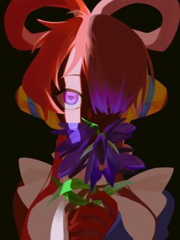 1girl black_background blue_gloves cocoashina crack_of_light dress elbow_gloves flower gloves hair_over_one_eye headphones holding holding_flower looking_at_viewer multicolored_hair one_piece one_piece_film:_red purple_eyes purple_flower red_hair simple_background single_elbow_glove solo twintails two-tone_hair upper_body uta_(one_piece) white_dress white_hair