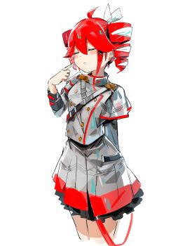 Rule 34 | 1girl, absurdres, ahoge, blush, blush stickers, closed eyes, closed mouth, dot nose, drill hair, finger to cheek, grey jacket, grey skirt, highres, jacket, kasane teto, kasane teto (sv), mp777b, red eyes, red hair, simple background, skirt, solo, synthesizer v, twin drills, twintails, utau