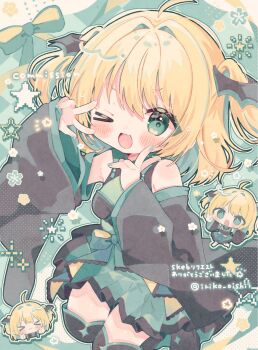 Rule 34 | > <, > o, 1girl, :3, :d, ;d, ahoge, bare shoulders, bat hair ornament, black shirt, black sleeves, black thighhighs, blonde hair, blush stickers, bow, chibi, chibi inset, closed mouth, colored inner hair, commentary, commission, cowboy shot, detached sleeves, fang, green background, green bow, green eyes, green hair, green nails, green skirt, hair intakes, hair ornament, hands up, highres, kamizakana iriko, long sleeves, miniskirt, multicolored hair, nail polish, one eye closed, open mouth, original, outline, pleated skirt, shirt, short hair, skeb commission, skin fang, skirt, sleeveless, sleeveless shirt, smile, thighhighs, twitter username, two side up, white outline, wide sleeves, x3, zettai ryouiki