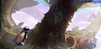 1boy 1girl abigail_williams_(fate) abigail_williams_(first_ascension)_(fate) black_bow black_dress black_hat blonde_hair bow commentary_request dress fate/grand_order fate_(series) gajumaru09 hair_bow hat long_hair long_sleeves orange_bow ribbed_dress sleeves_past_fingers sleeves_past_wrists stuffed_animal stuffed_toy teddy_bear tree