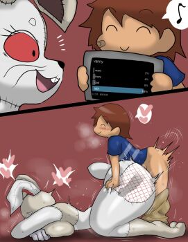 1boy 1girl animal_costume arm_grab ass ass_grab breasts brown_hair doggystyle enigi09 five_nights_at_freddy's five_nights_at_freddy's:_security_breach gregory_(fnaf) happy_sex heart hetero highres huge_ass instant_loss large_insertion large_penis looking_at_another motion_lines open_mouth penis rabbit_costume sex sex_from_behind shota simple_background smile speech_bubble trembling vaginal vanny_(fnaf) x-ray