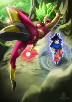 1boy 1girl absurdres armpits ass aura black_hair blonde_hair blue_eyes boots bracelet breasts dragon_ball dragon_ball_super earrings elite_nappa energy energy_ball fighting flying green_sky highres jewelry kefla_(dragon_ball) large_breasts muscular muscular_female muscular_male open_mouth pants potara_earrings rock sky son_goku spiked_hair torn_clothes tournament_of_power ultra_instinct