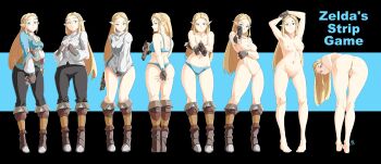 1girl aiming aiming_at_viewer autolewd bent_over blonde_hair blue_bra blue_eyes blue_panties boots bra braid breasts brown_boots covering_ass covering_privates crown_braid fingerless_gloves full_body gloves gun handgun highres long_hair looking_at_viewer nintendo nipples panties pointy_ears princess_zelda pussy red_eyes sequential smile solo standing the_legend_of_zelda the_legend_of_zelda:_breath_of_the_wild topless_female underwear undressing weapon
