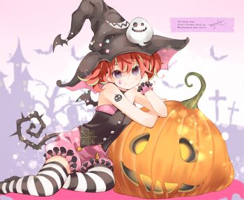 1girl animal bare_shoulders bat_(animal) black_hat blush closed_mouth commentary_request facial_mark green_hair grey_eyes hat jack-o'-lantern kuga_tsukasa looking_at_viewer multicolored_hair original pink_shorts puffy_shorts red_hair short_shorts shorts signature smile solo streaked_hair striped_clothes striped_thighhighs thighhighs thorns tower twitter_username watermark web_address witch_hat wrist_cuffs